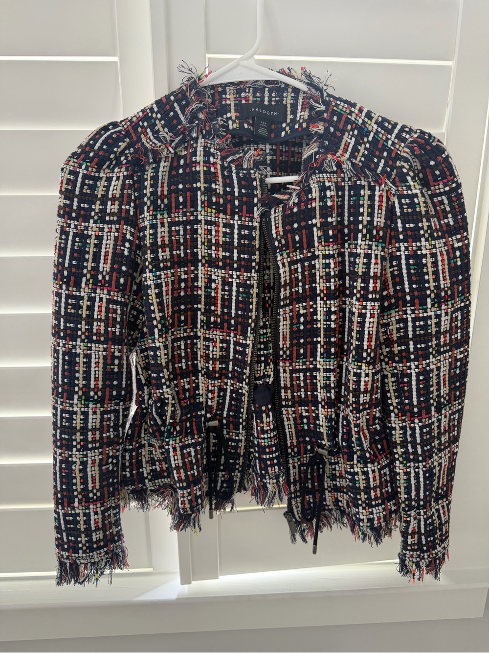 Halogen Navy Multicolor Tweed Fringe Blazer